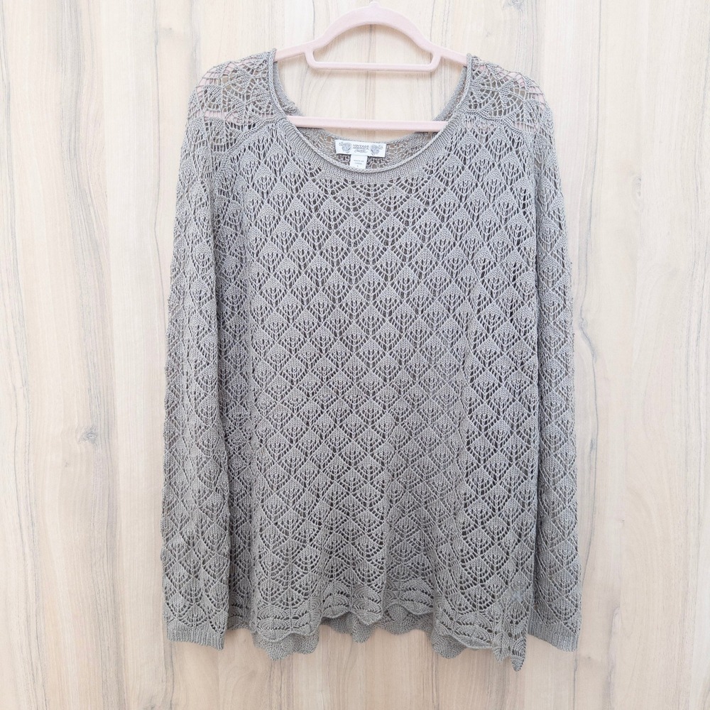 Vintage America Open Knit Long Sleeve Sweater Top Size L Beige Cottage Boho